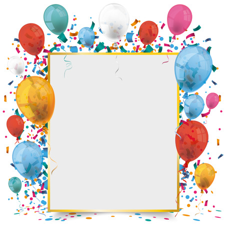 Golden Frame Banner With Balloons And Confetti On The White