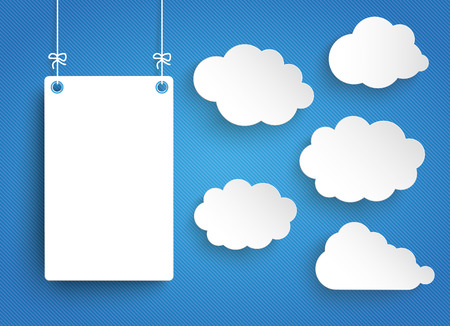 Hanging frame with paper clouds on the blue striped background. Eps 10 vector file.のイラスト素材