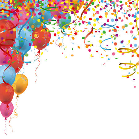 Colored confetti with ribbons and balloons on the white. Eps 10 vector file.のイラスト素材