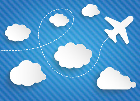 Clouds with paper jet on the blue striped background. Eps 10 vector file.のイラスト素材