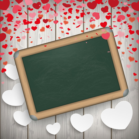 Red and white hearts with blackboard on the wooden background. .のイラスト素材