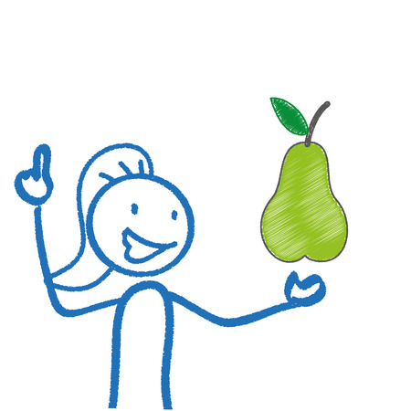 Stickwoman with pear on the white background. Eps 10 vector file.のイラスト素材