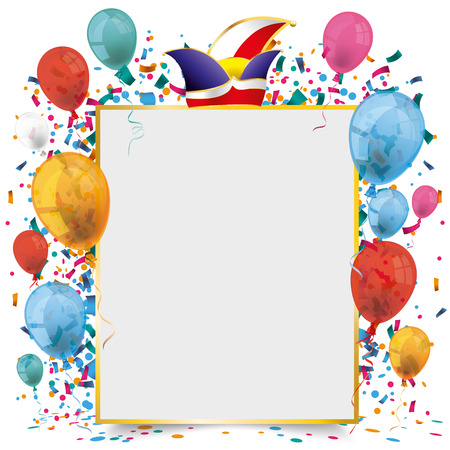 Golden frame banner with balloons and confetti on the white background. Eps 10 vector file.のイラスト素材