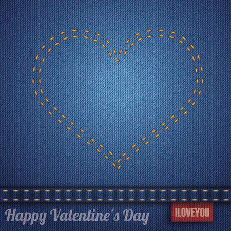 Blue jeans fabric with heartshape double-stitched seam. Eps 10 vector file.のイラスト素材