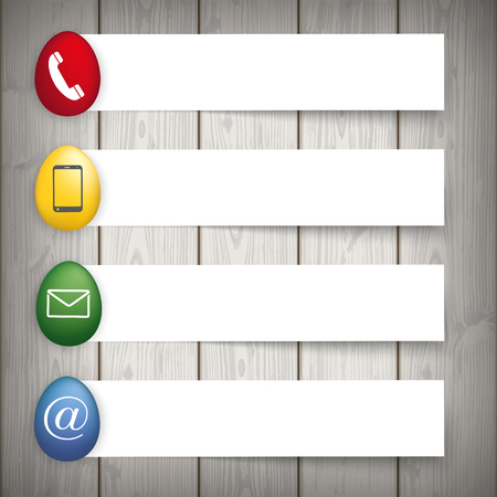 Easter eggs with contact icons and banners on the wooden background. Eps 10 vector file.のイラスト素材
