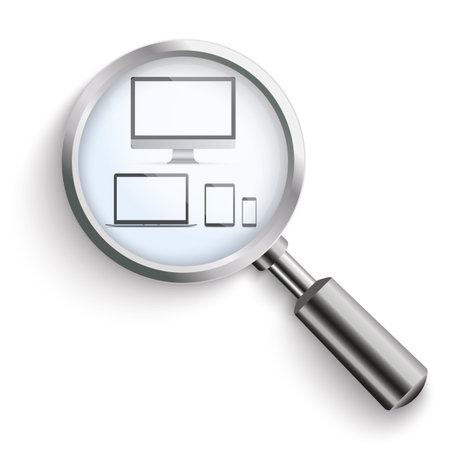 Loupe with PC, notebook, tablet and smartphone on the white. Eps 10 vector file.のイラスト素材