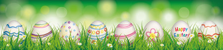 White flowers in grass with colored easter eggs on the bokeh background. Eps 10 vector file.のイラスト素材