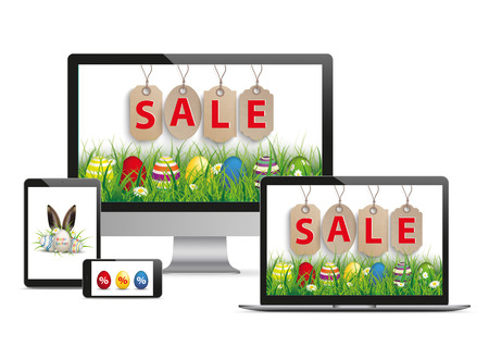 Set of realistic monitor, notebook, tablet and phone with for the easter sale on the white background. Eps 10 vector file.のイラスト素材
