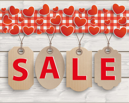Red checked tablecloth with hearts and price stickers heart sticker on the wooden background.のイラスト素材