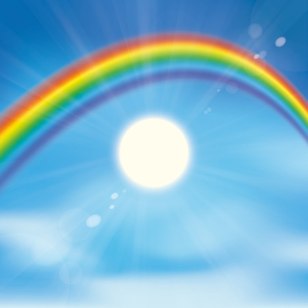 Rainbow with clouds, blue sky and sun.のイラスト素材