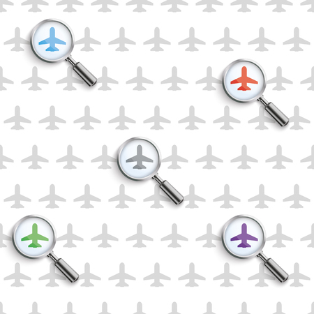 Flights searching with loupe and jets pattern on the white background.のイラスト素材