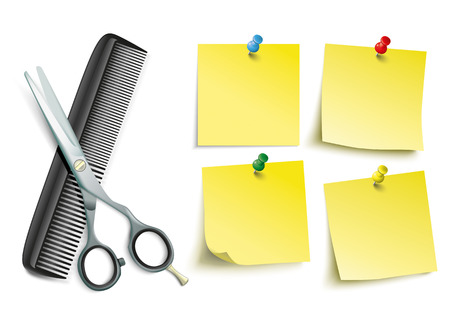 Scissors and comb with 4 yellow sticks with pins on the white background.のイラスト素材