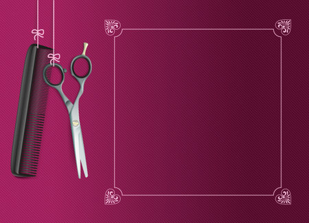 Hanging hairdresser tools with vintage frame on the purple striped background.のイラスト素材