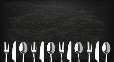 Long blackboard background with knifes, forks and spoons.のイラスト素材
