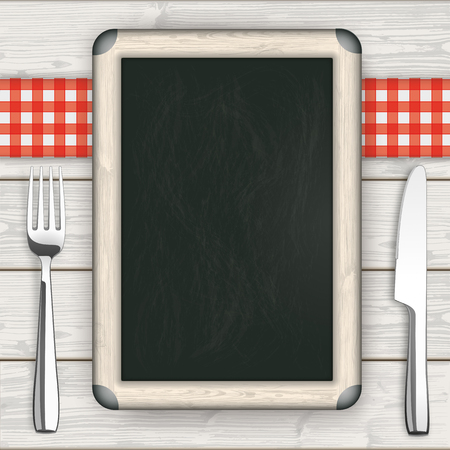 Knife, fork, and plate with blackboard on the wooden background.のイラスト素材