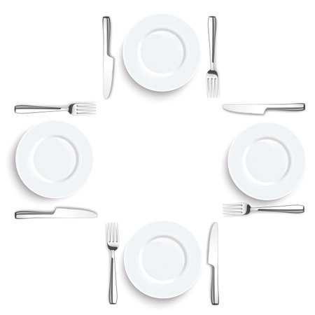 Stainless steel knife and fork with plate on the white background.のイラスト素材