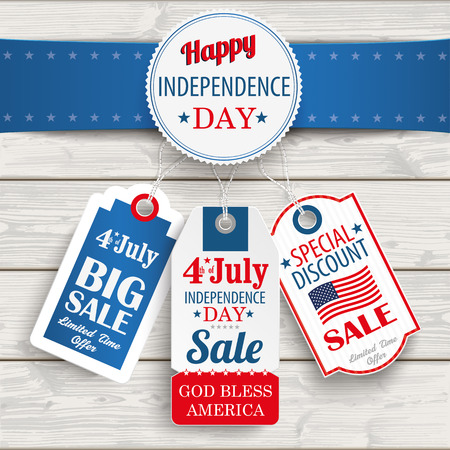 Independence day sale price stickers with blue banner on the wooden background.のイラスト素材