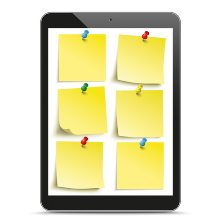 Black tablet pc with yellow stickers and shadows on the white background.のイラスト素材