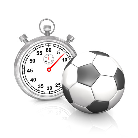 Stop watch with classic football on the white. 3d illustration.の写真素材
