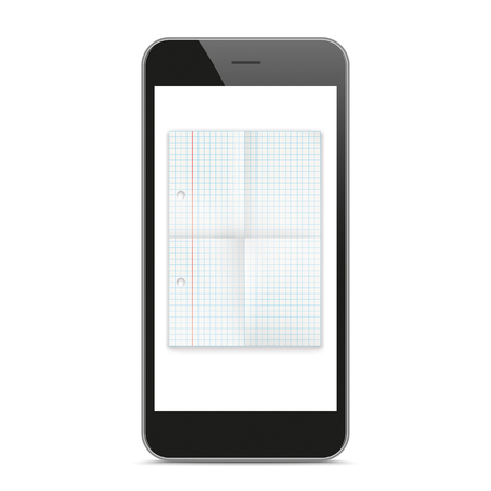 Black smartphone with checked paper and shadows on the white background.のイラスト素材
