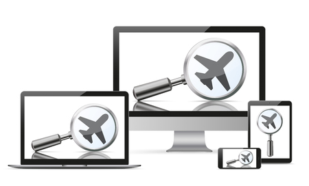 Set monitor, notebook, tablets and smartphones with loupe and jet on the white background. 10 vector file.のイラスト素材