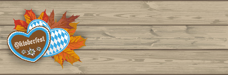 Oktoberfest header with gingerbread hearts, foliage and wooden planks. vector file.のイラスト素材