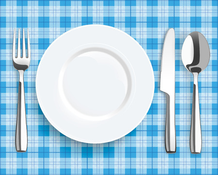 Blue picnic blanket with plate, spoon, knife and fork. vector file.のイラスト素材
