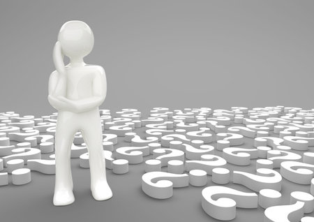 Porcelain thinking manikin with question mark on the gray background. 3d illustration.