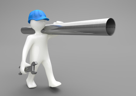 Porcelain manikin with blue hardhat, spanner and iron pipe on the gray background. 3d illustration.の写真素材