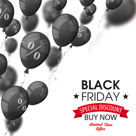 Black balloons with percents with black friday text on the white. vector file.のイラスト素材