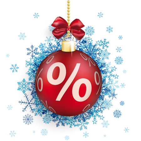 Red bauble with red ribbon percent and blue snowflakes on the white background. Eps 10 vector file.のイラスト素材