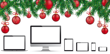Notebook, monitor, tablet and smartphone with green christmas twigs and red baubles. Eps 10 vector file.のイラスト素材