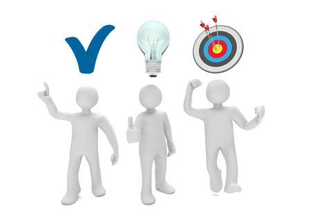 White cartoon characters with tick, bulb and target with arrows. 3d illustration.の写真素材