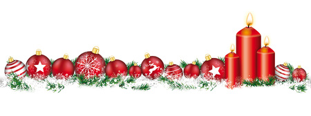 Red christmas baubles with clock and candles, twigs on the white background.のイラスト素材