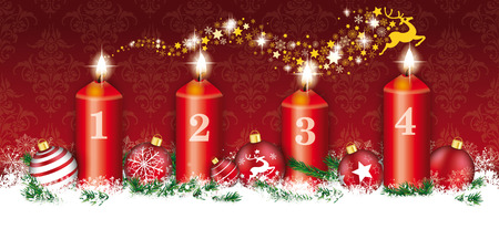 Red christmas header with reindeer startdust, snowflakes, 4 candles and red baubles.のイラスト素材