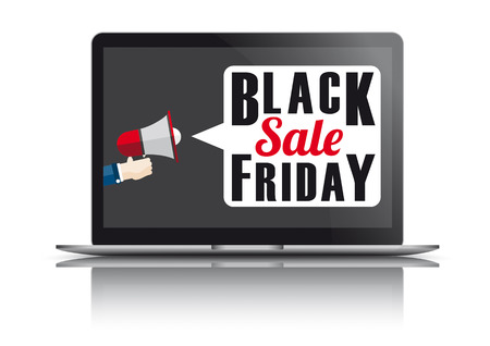 Notebook with human hand, bullhorn and text Black Friday Sale.のイラスト素材