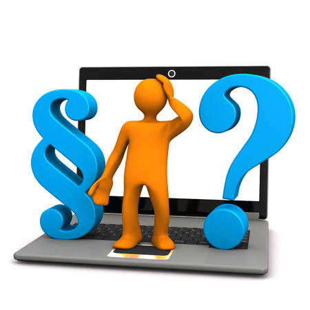 Orange manikin with paragraph, question mark and notebook on the white. 3d illustration. の写真素材