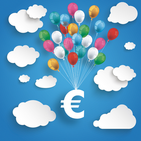 Paper clouds and hanging euro  with colored balloons on the blue background. Eps 10 vector file.のイラスト素材