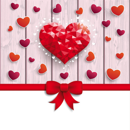 Hearts with red ribbon on the pink wooden background. Eps 10 vector file.のイラスト素材