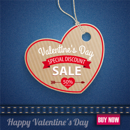 Blue jeans fabric with heartshape carton price sticker for Valentines Day Sale. Eps 10 vector file.のイラスト素材