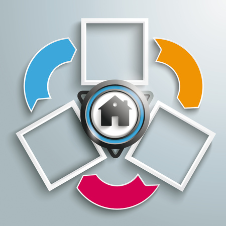 Black triangle, with house and 3 frames on the gray background. Eps 10 vector file.のイラスト素材