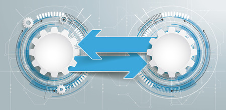 Futuristic gear wheels with and arrows electronic schematicon with banner on the gray background. Eps 10 vector file.のイラスト素材