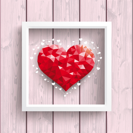 Low poly heart with frame on the wooden backround.. Eps 10 vector file.のイラスト素材
