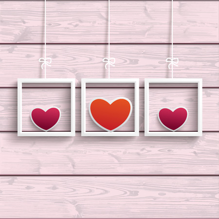 Frames with colored hearts on the pink wooden background. Eps 10 vector file.のイラスト素材