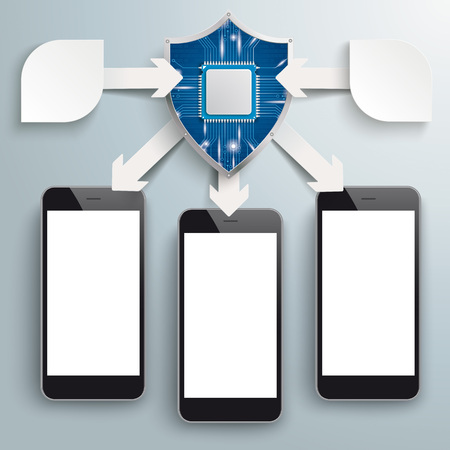 White paper arrows with digital shield, arrows and smartphones on the gray background. Eps 10 vector file.のイラスト素材
