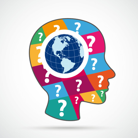 Infographic design with human head, globe and question marks. Eps 10 vector file.のイラスト素材