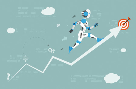 Running robot cartoon on the arrow background. Eps 10 vector file.のイラスト素材