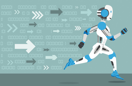 Running robot cartoon on the gray background. Eps 10 vector file.のイラスト素材
