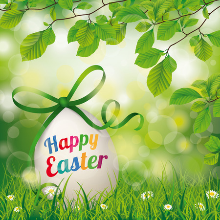 Happy easter egg with ribbon in the green nature. Eps 10 vector file.のイラスト素材