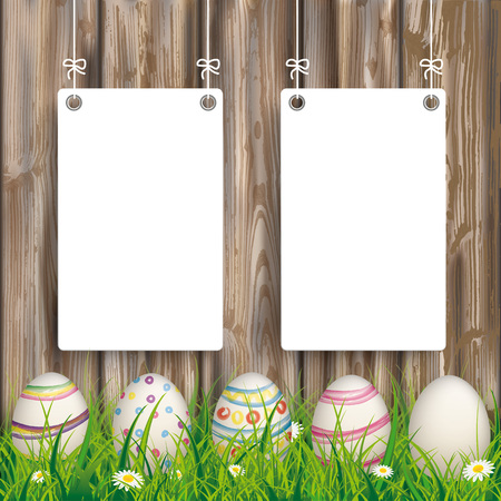 Easter eggs in the grass with 2 boards on the wooden background. Eps 10 vector file.のイラスト素材